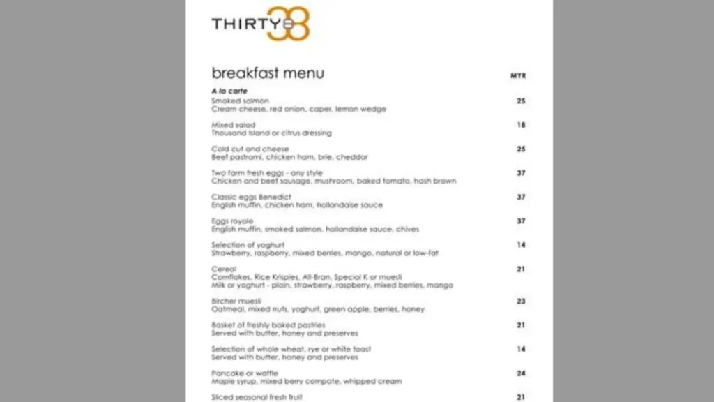 Breakfast Thirty8 Restaurant Bar & Lounge Menu