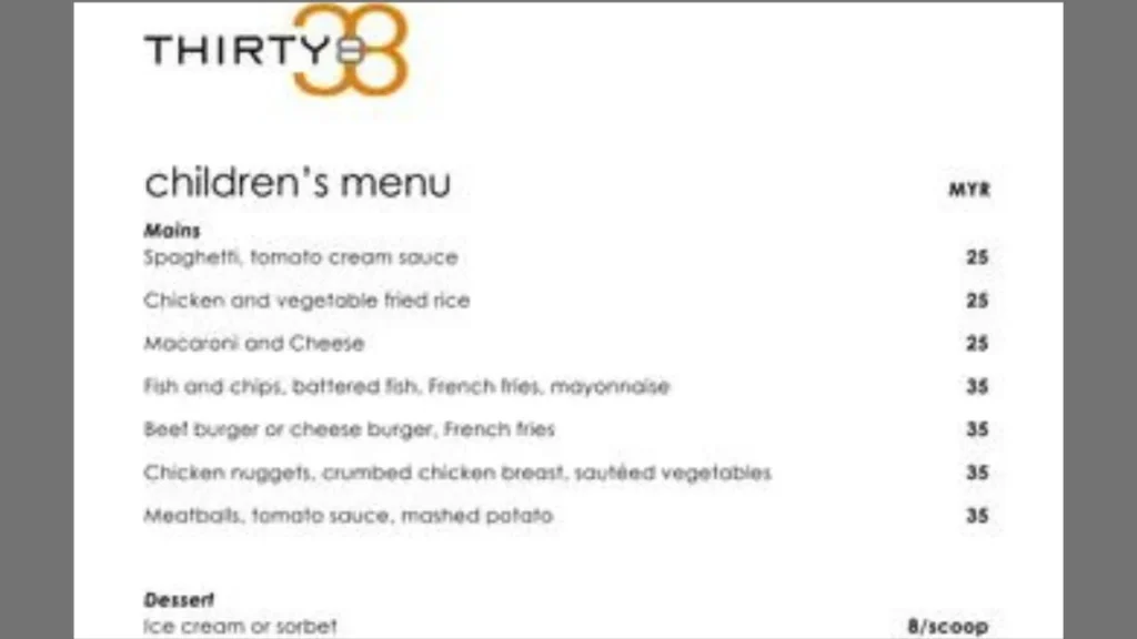 Children's Thirty8 Restaurant Bar & Lounge Menu