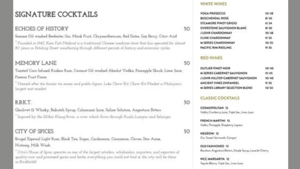 Cocktails and Drinks Thirty8 Restaurant Bar & Lounge Menu