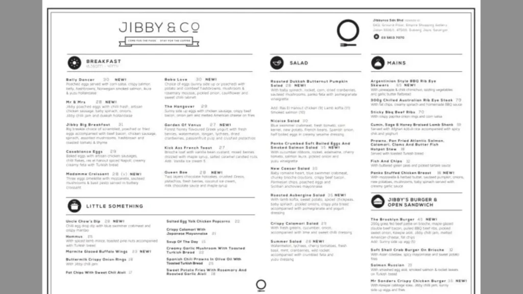 Detailed Menu Jibby By The Park Menu