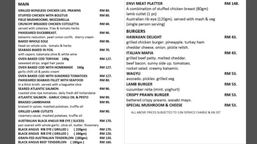 Main Course Envi Skydining Menu