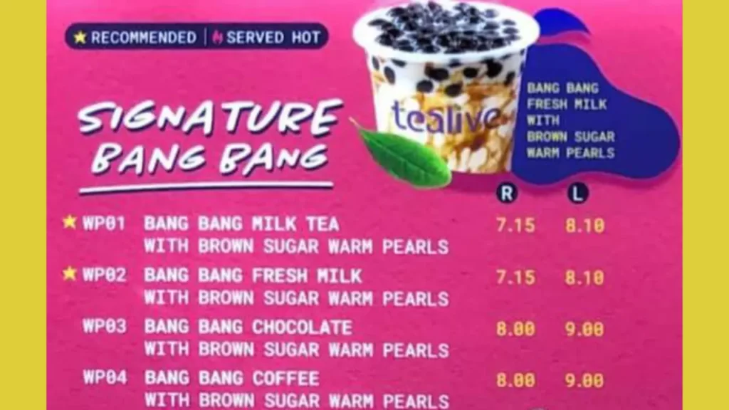 Signature Bang Bang Tea live Menu