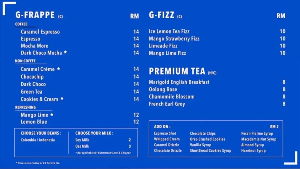 G-Fizz Options Gigi Coffee Menu