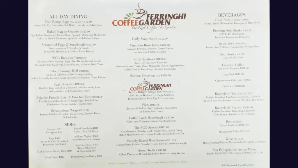 Menu Variety Ferringhi Garden Restaurant Menu