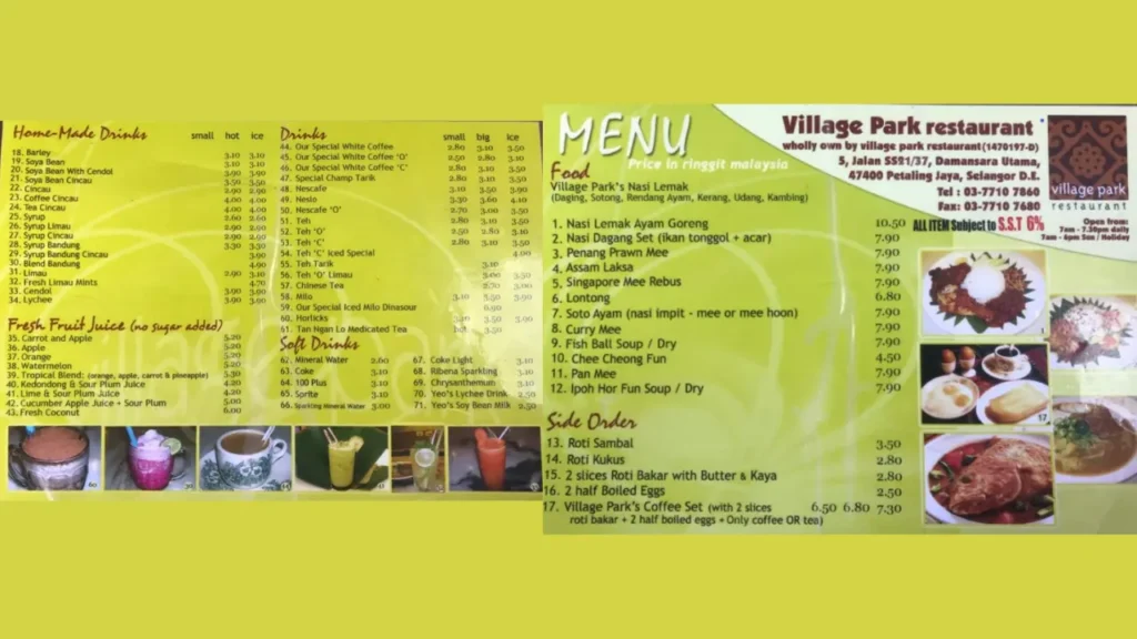 Variety of Malaysian Delights Village Park Restaurant Menu