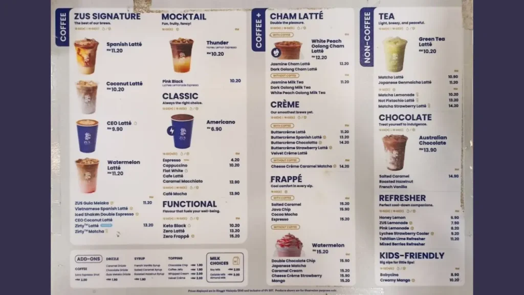 Hot Coffee ZUS Menu Price