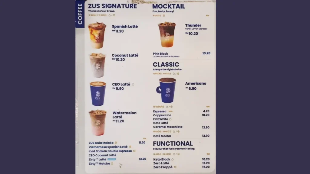 Seasonal Drinks ZUS Menu Price